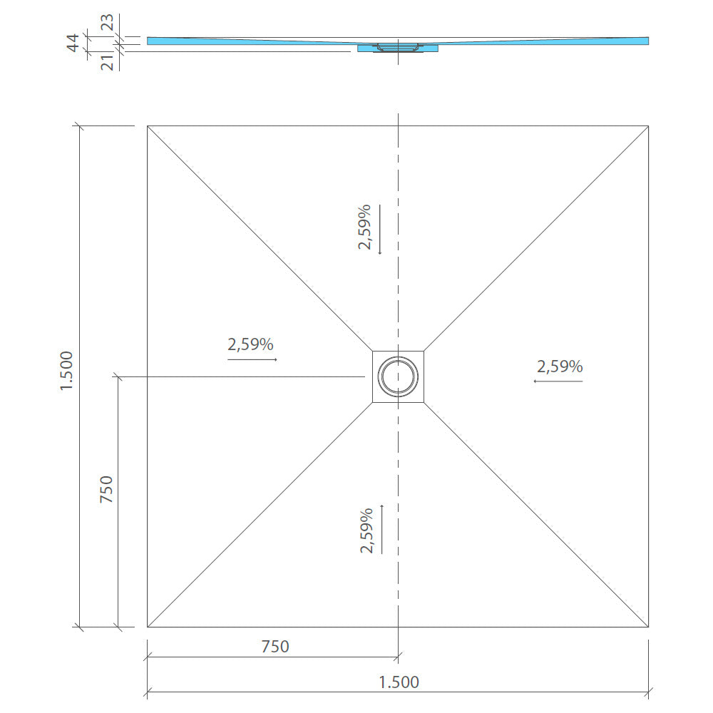 Receveur de douche wedi Fundo Ligno Plus carré, écoulement centré