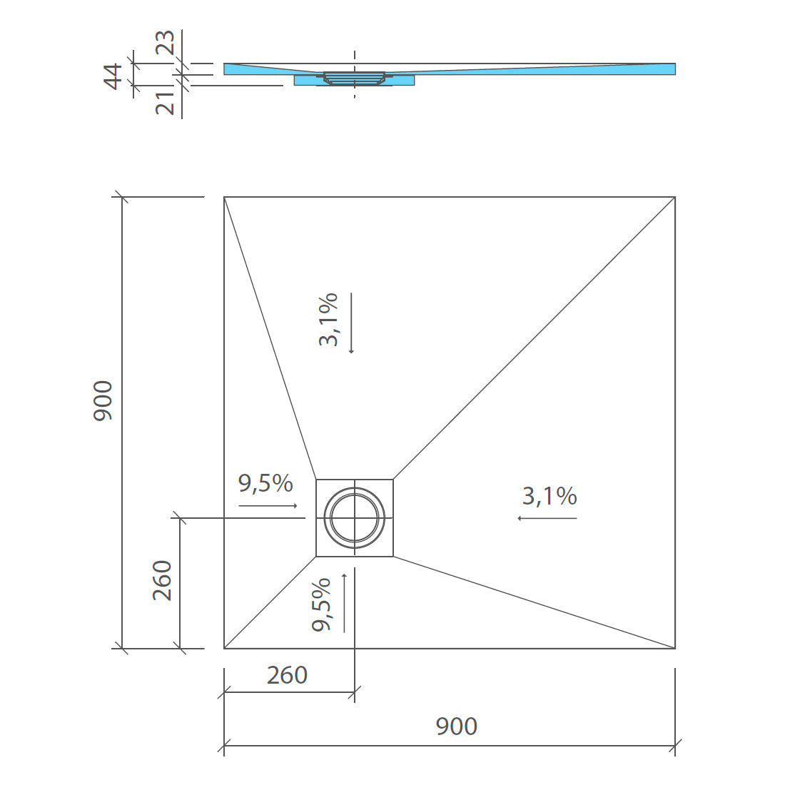 Receveur de douche wedi Fundo Ligno Plus carré, écoulement excentré