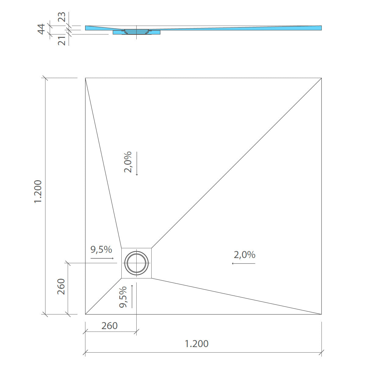 Receveur de douche wedi Fundo Ligno Plus carré, écoulement excentré