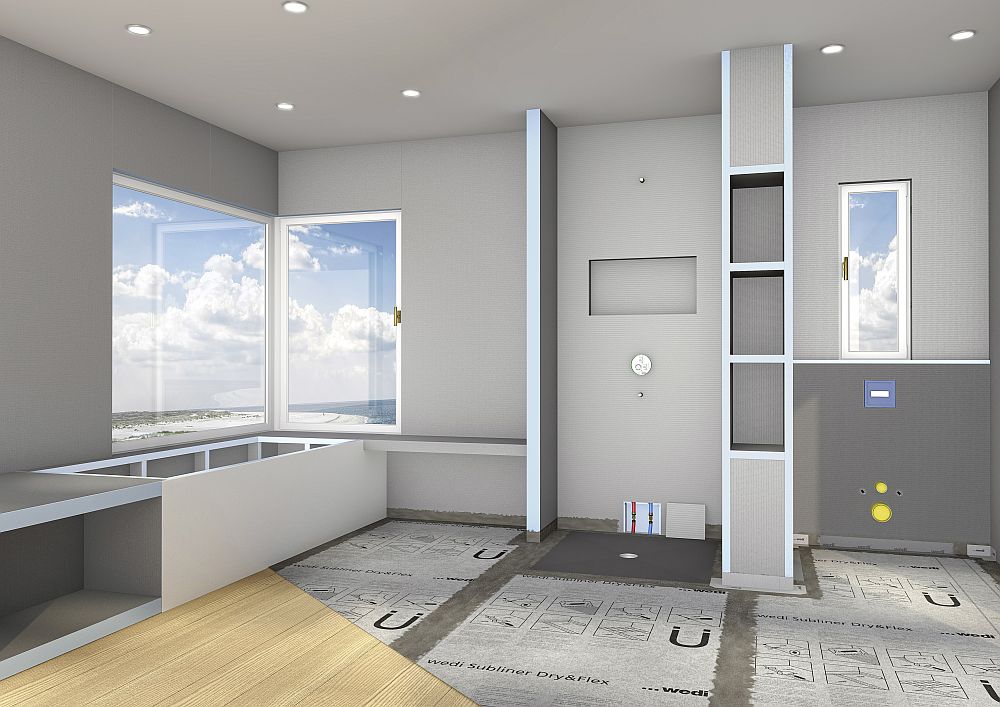 Cloison wedi Sanwell avec niche intégrée, corps encastré et conduites d'eau