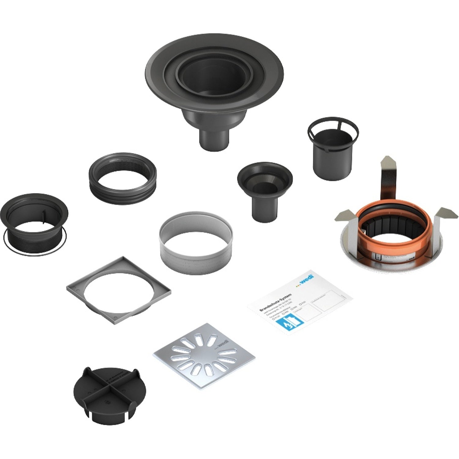 Kit wedi Fundo d’écoulement en un point vertical avec coupe-feu, grille carrée DN 50