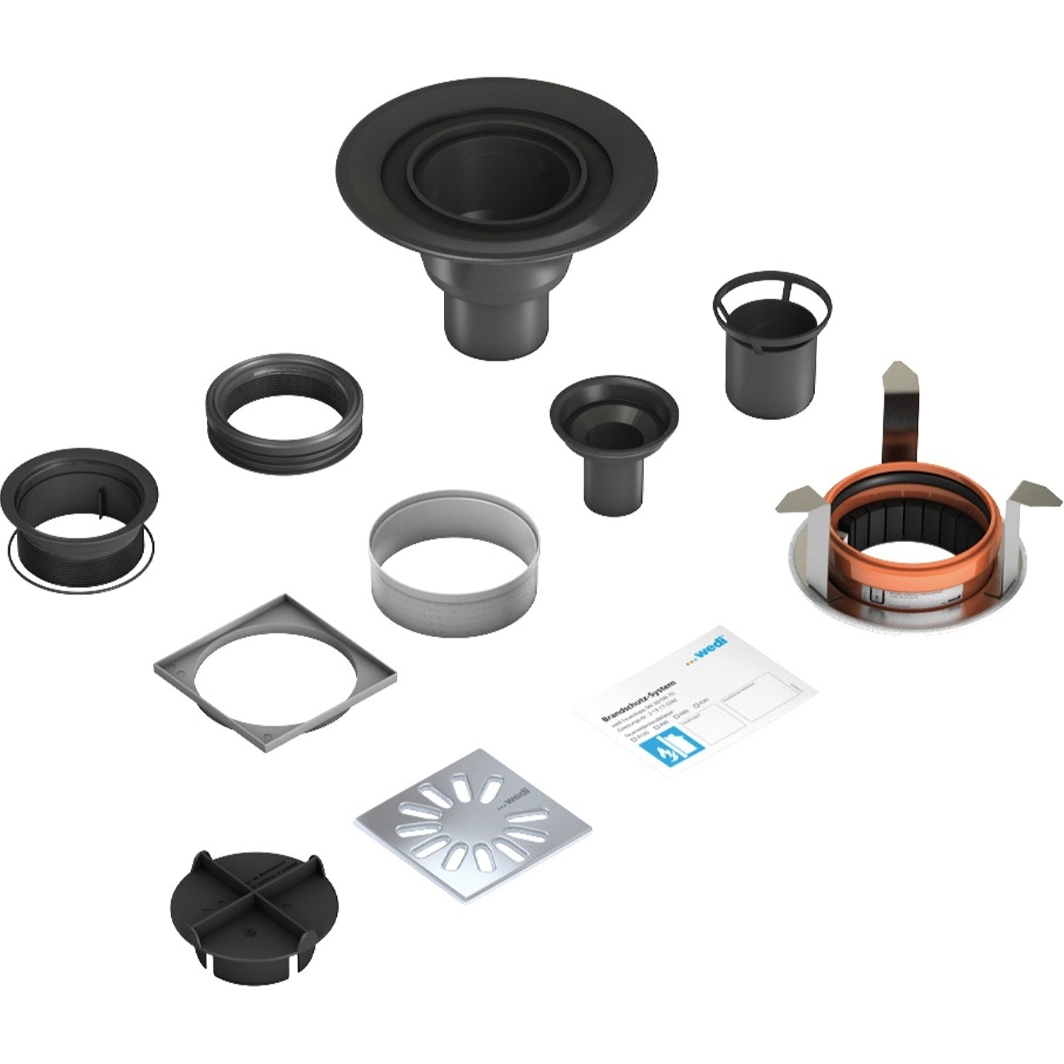 Kit wedi Fundo d’écoulement en un point vertical avec coupe-feu, grille carrée DN 70