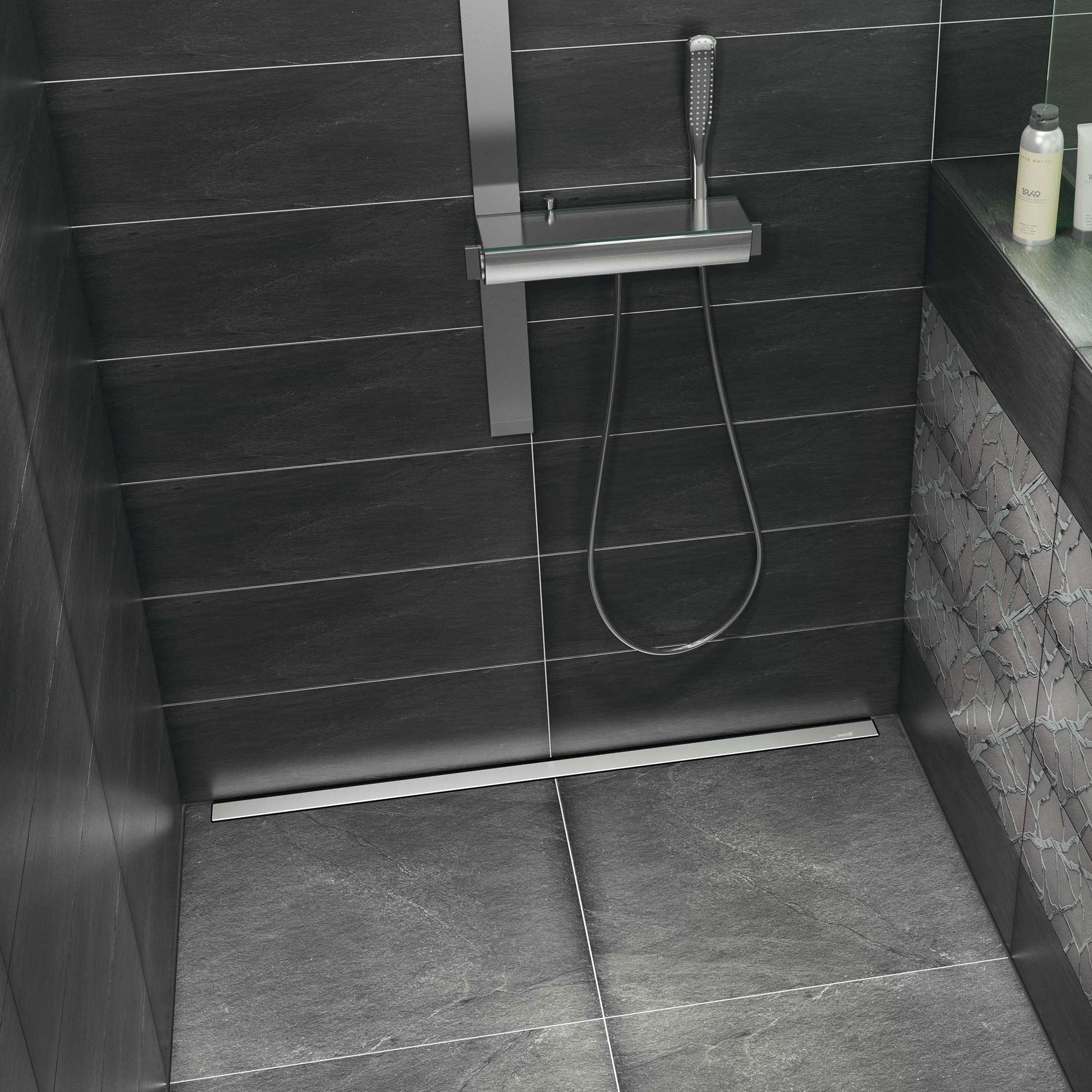 Receveur de douche wedi Fundo Riolito Neo rectangulaire, écoulement linéaire excentré au plus près du mur