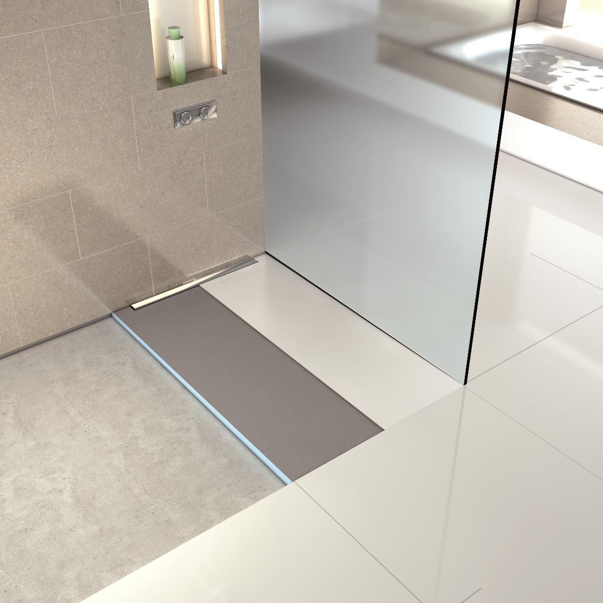 Receveur de douche wedi Fundo Riolito Neo rectangulaire, écoulement linéaire excentré au plus près du mur