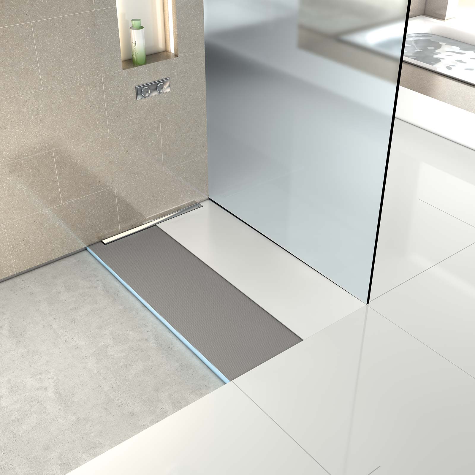 Receveur de douche wedi Fundo Riolito Neo carré, écoulement linéaire excentré au plus près du mur