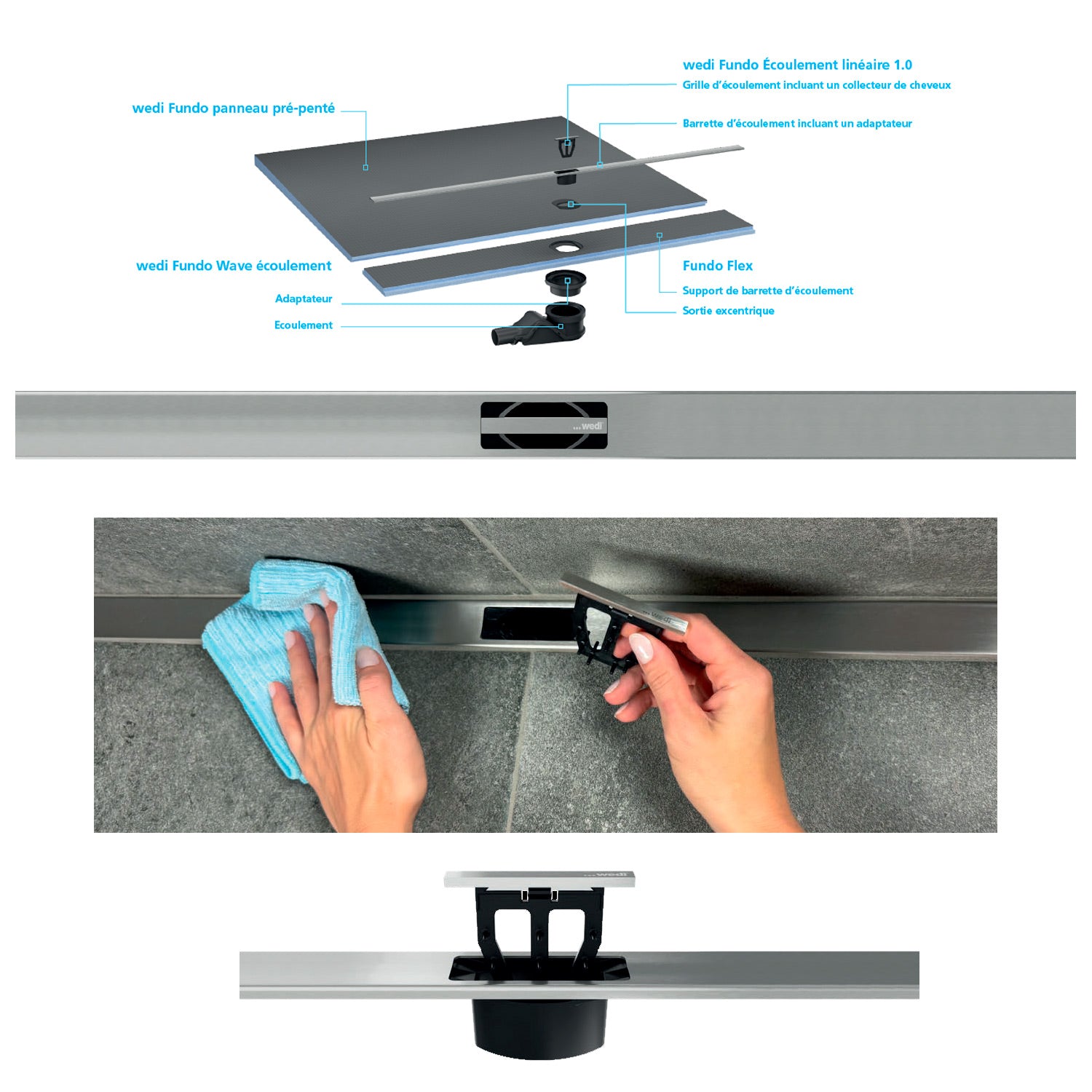 wedi Fundo barrette d‘écoulement linéaire 1.0 en acier inoxydable V2A brossé